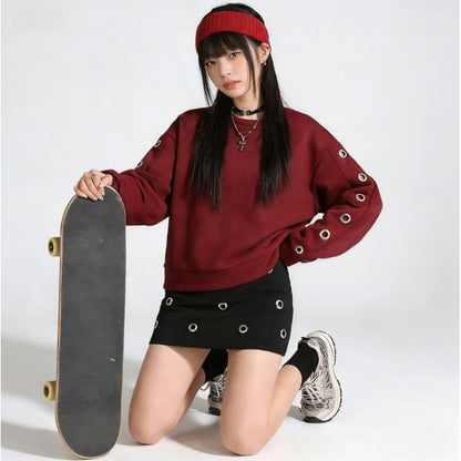 Round Neck Solid Grommet Sweatshirt / High Waist Mini A-Line Skirt