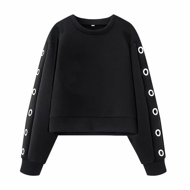Round Neck Solid Grommet Sweatshirt / High Waist Mini A-Line Skirt