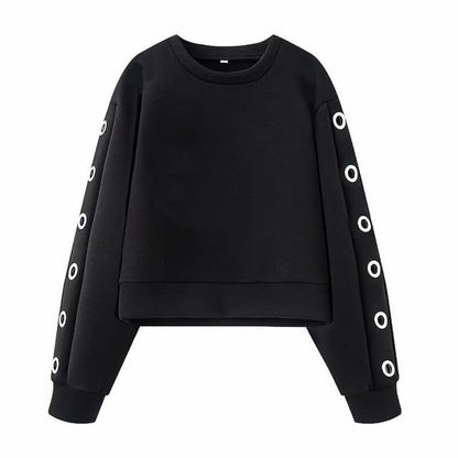 Round Neck Solid Grommet Sweatshirt / High Waist Mini A-Line Skirt