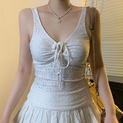 V-Neck Drawstring Eyelet Lace Tank Top