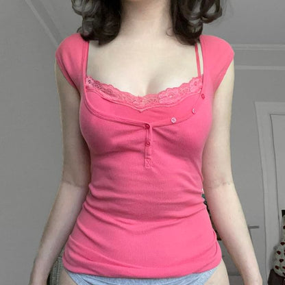 Cap-Sleeve Lace Trim Henley Top