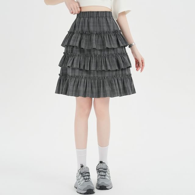 Plaid Ruffle Tiered Mini A-Line Skirt with High Waist
