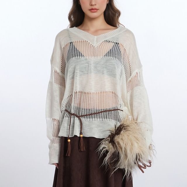 Belted V-Neck Sweatshirt with Sheer Panels