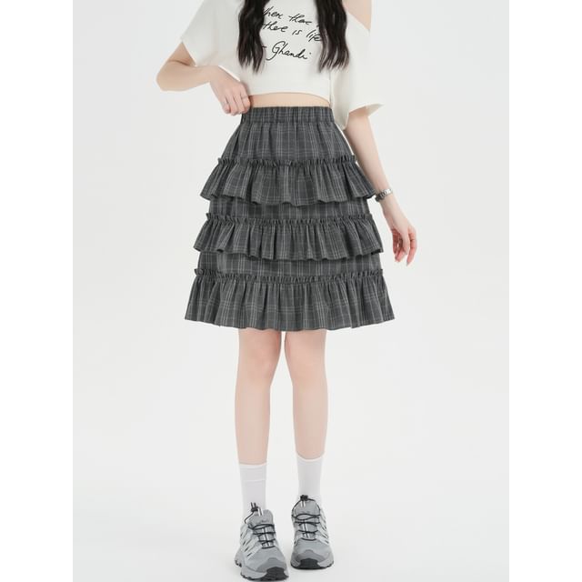 Plaid Ruffle Tiered Mini A-Line Skirt with High Waist