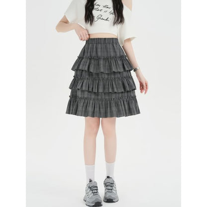 Plaid Ruffle Tiered Mini A-Line Skirt with High Waist