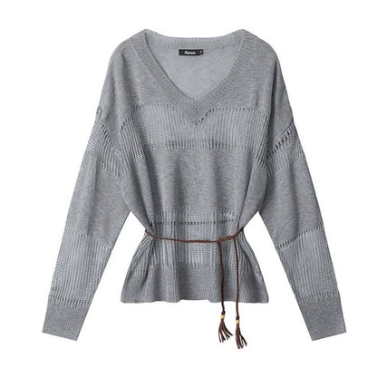 Belted V-Neck Sweatshirt with Sheer Panels