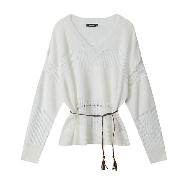 Belted V-Neck Sweatshirt with Sheer Panels