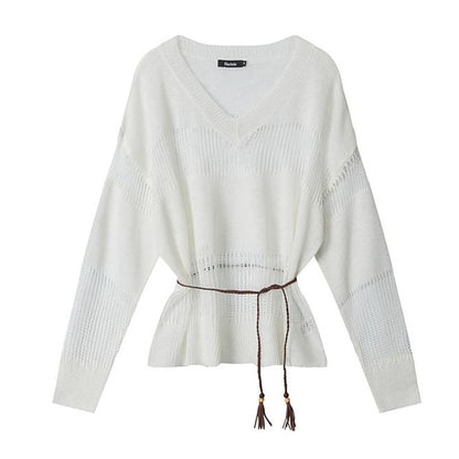 Belted V-Neck Sweatshirt with Sheer Panels