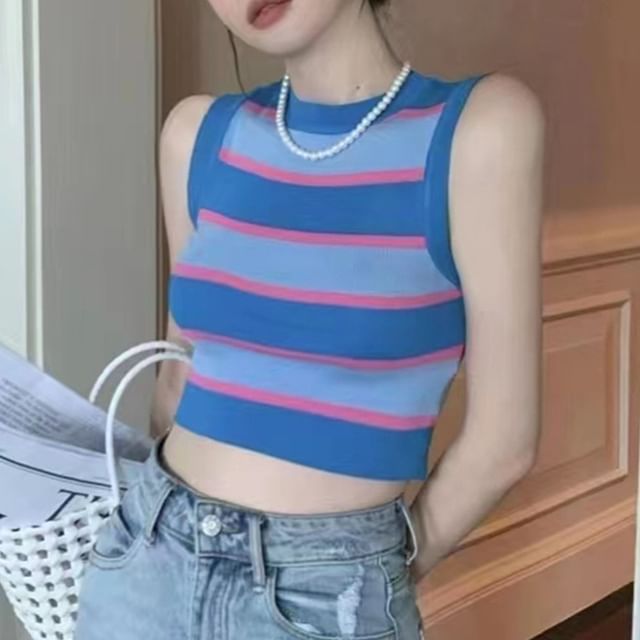 Striped Crop Knit Top with Round Neck
