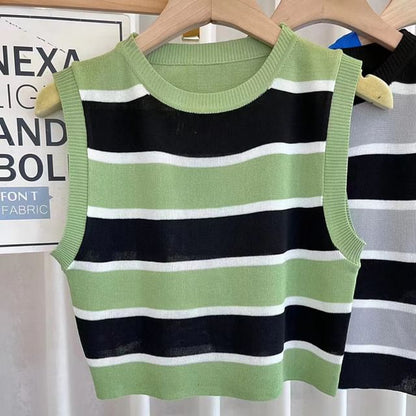 Striped Crop Knit Top with Round Neck