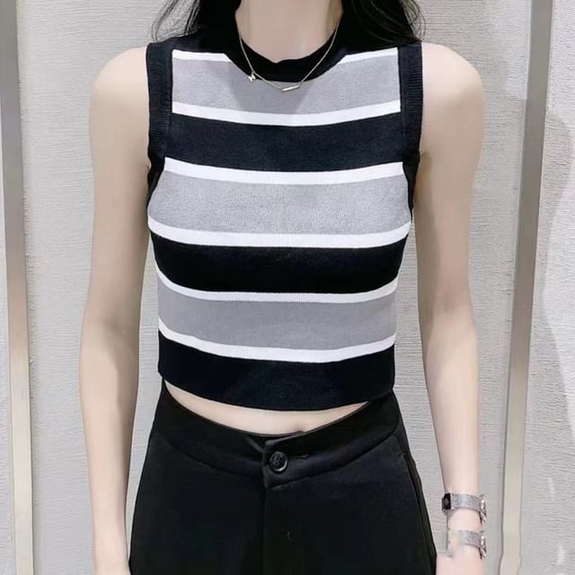 Striped Crop Knit Top with Round Neck