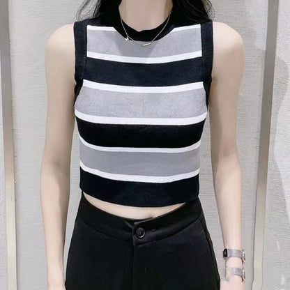 Striped Crop Knit Top with Round Neck