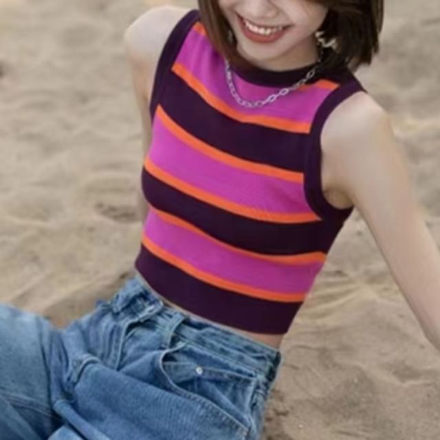 Striped Crop Knit Top with Round Neck