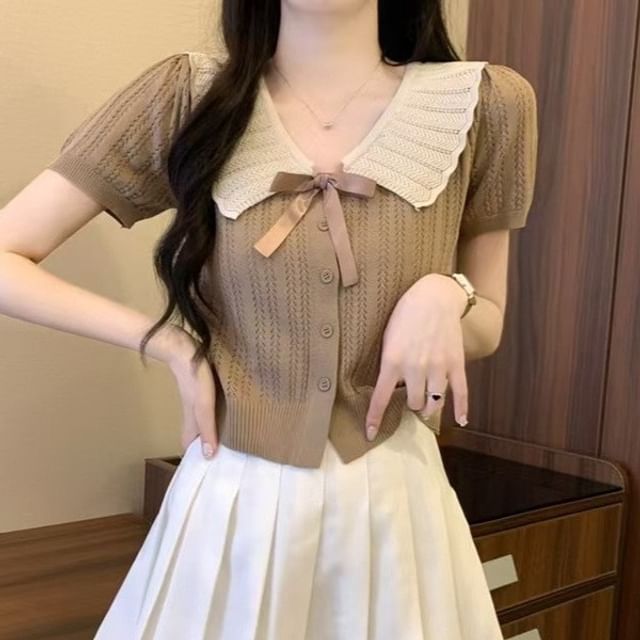 Two-Tone Collared Short-Sleeve Knit Button-Up
