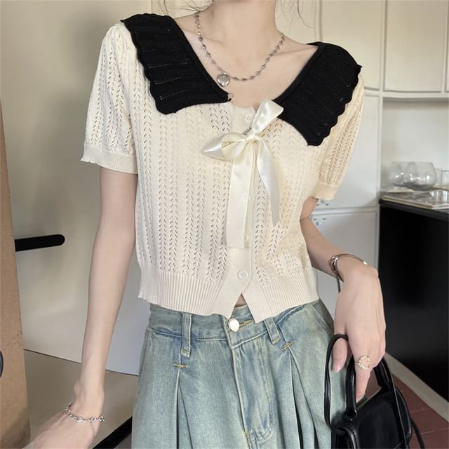 Two-Tone Collared Short-Sleeve Knit Button-Up