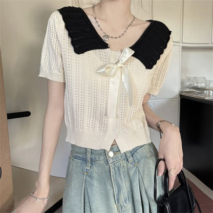 Two-Tone Collared Short-Sleeve Knit Button-Up