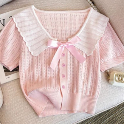 Two-Tone Collared Short-Sleeve Knit Button-Up