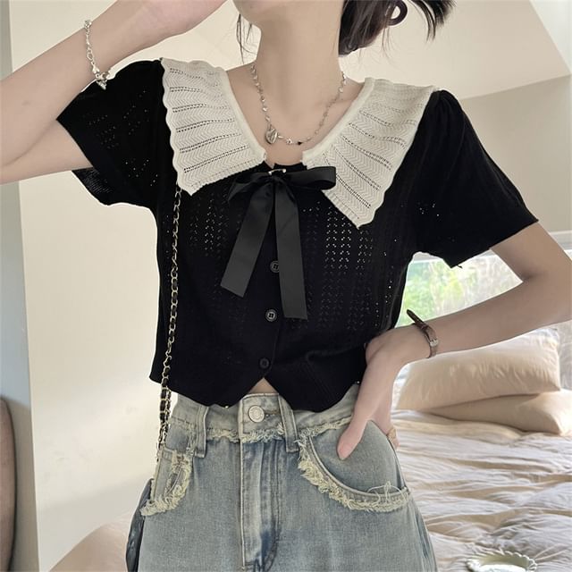 Two-Tone Collared Short-Sleeve Knit Button-Up