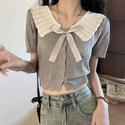 Two-Tone Collared Short-Sleeve Knit Button-Up