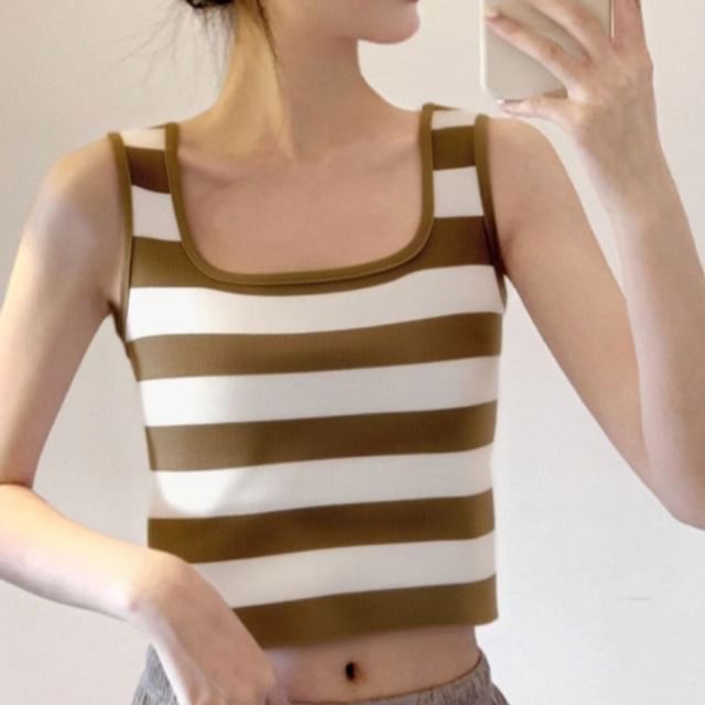 Striped Square Neck Crop Knit Top