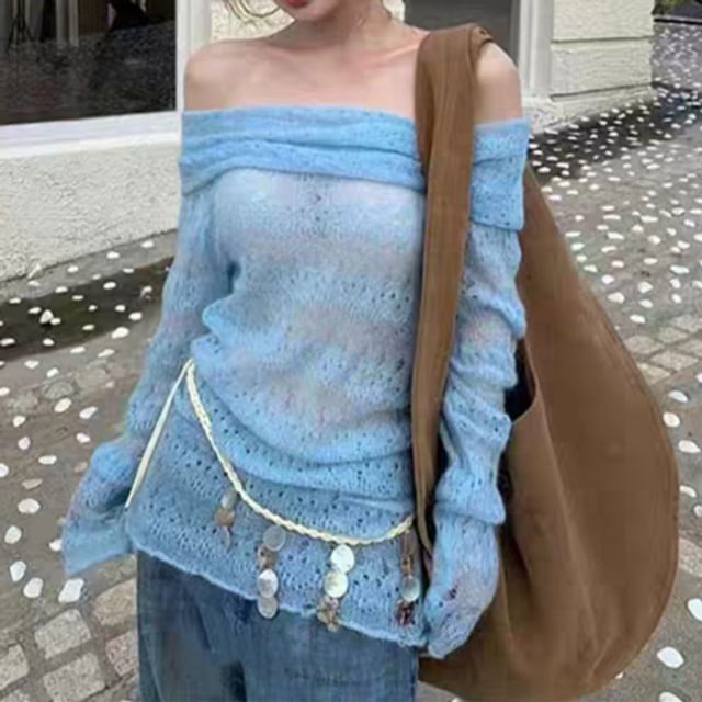Pointelle Off-Shoulder Sweater