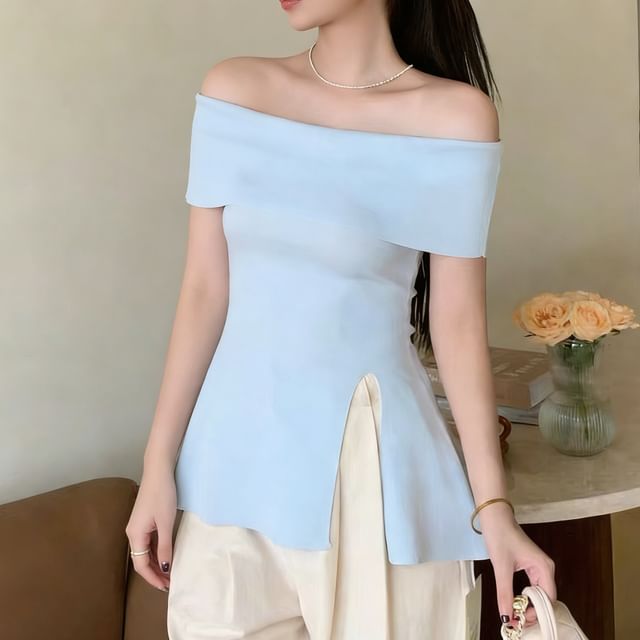 Off-Shoulder Slit Tunic with Short Sleeves