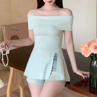Off-Shoulder Slit Tunic with Short Sleeves