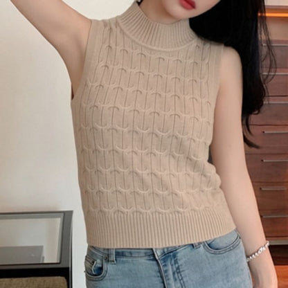 Cable Knit Sleeveless Turtleneck Top