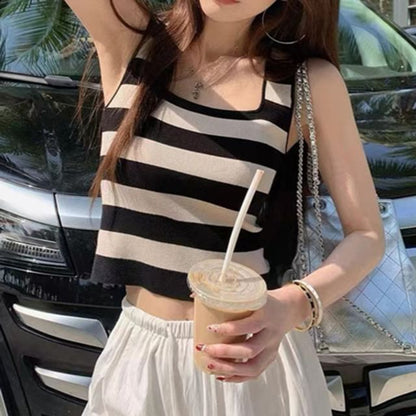 Striped Square Neck Crop Knit Top