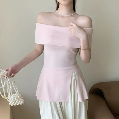 Off-Shoulder Slit Tunic with Short Sleeves