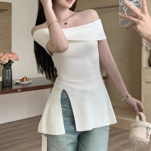 Off-Shoulder Slit Tunic with Short Sleeves