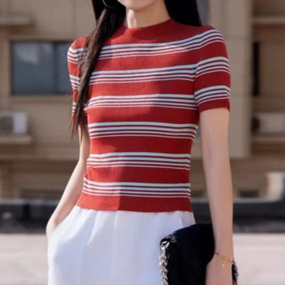 Striped Mock Neck Short-Sleeve Knit Top