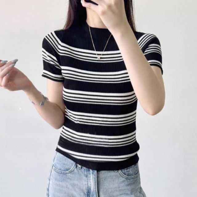 Striped Mock Neck Short-Sleeve Knit Top