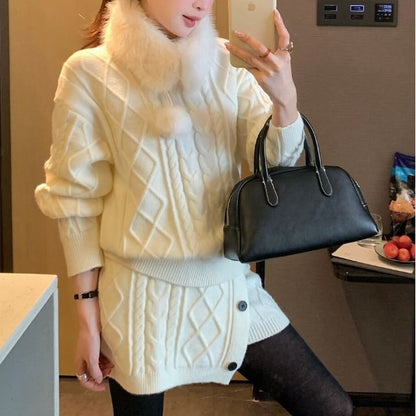 Set: Faux Fur Collar Pompom Cable Knit Sweater + High Waist Button Mini Pencil Skirt