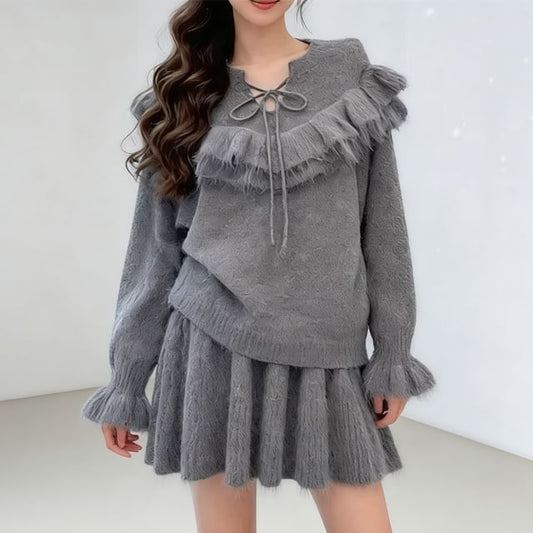 Set: Tie Neck Solid Ruffle Sweater + High Waist Knit Mini A-Line Skirt