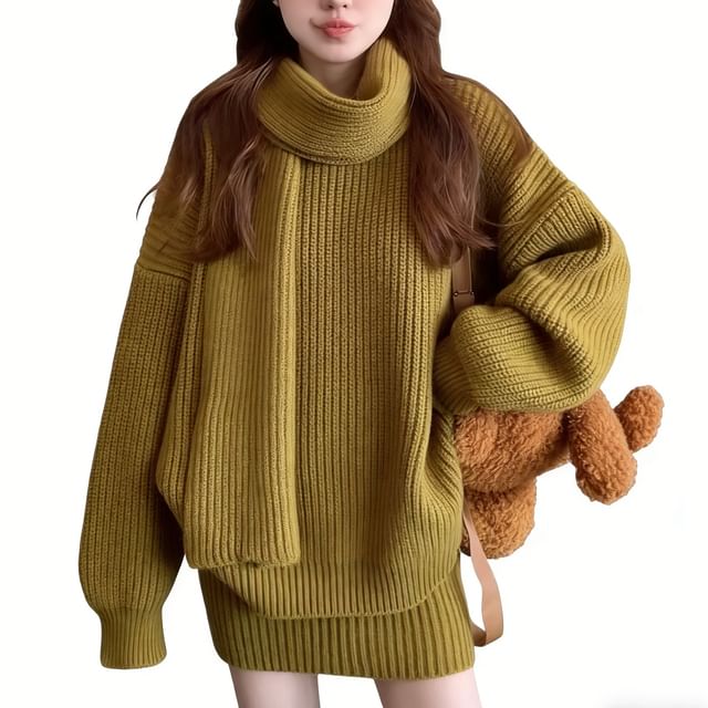 Set: Round Neck Solid Ribbed Sweater + High Waist Knit Mini Pencil Skirt + Scarf