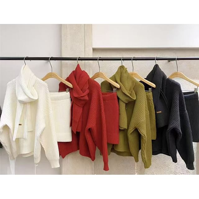 Set: Round Neck Solid Ribbed Sweater + High Waist Knit Mini Pencil Skirt + Scarf