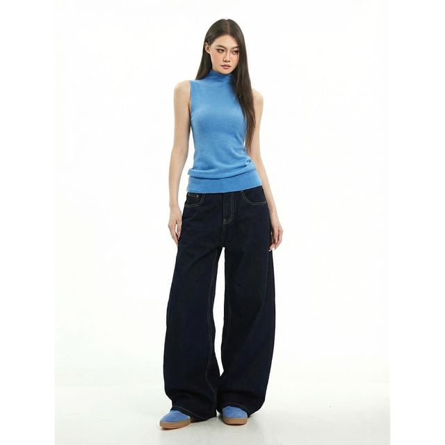 Turtleneck Solid Knit Sleeveless Top