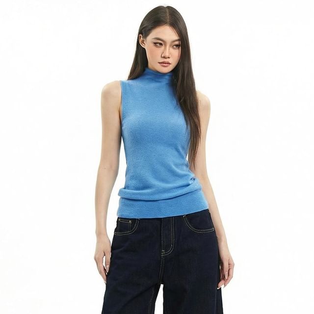 Turtleneck Solid Knit Sleeveless Top