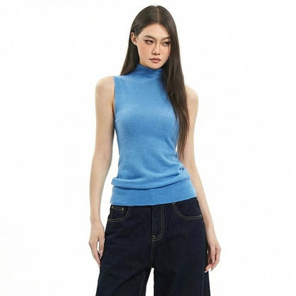 Turtleneck Solid Knit Sleeveless Top