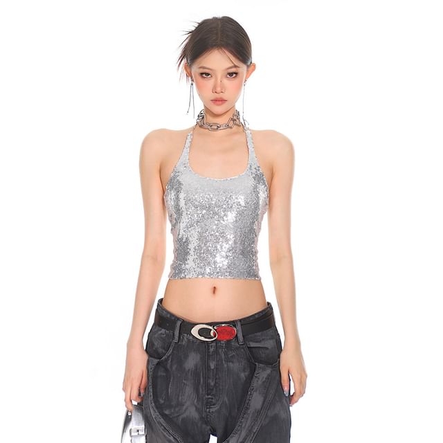 Halter Neck Sequin Open Back Cropped Tee
