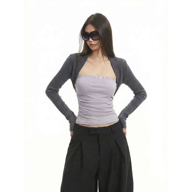 Set: Solid Ruched Strapless Top + Shrug