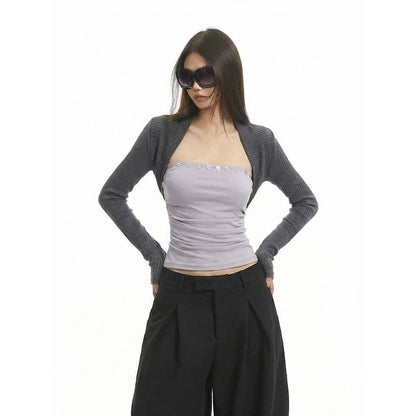Set: Solid Ruched Strapless Top + Shrug
