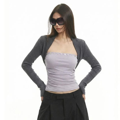 Set: Solid Ruched Strapless Top + Shrug