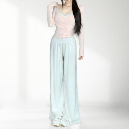 Set: Plain Lace Camisole & Long Sleeve V-Neck Shirred Tee