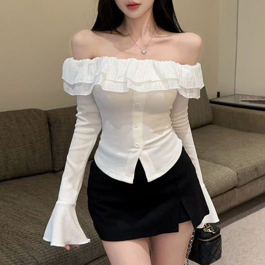 Long Sleeve Off-the-shoulder Solid Ruffle Trim Cropped Button Top