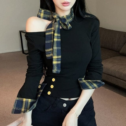 Extended Sleeve Off Shoulder Plaid Panel Tee