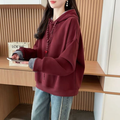 Faux Two-Piece Striped Drawstring Hooded Sweatshirt