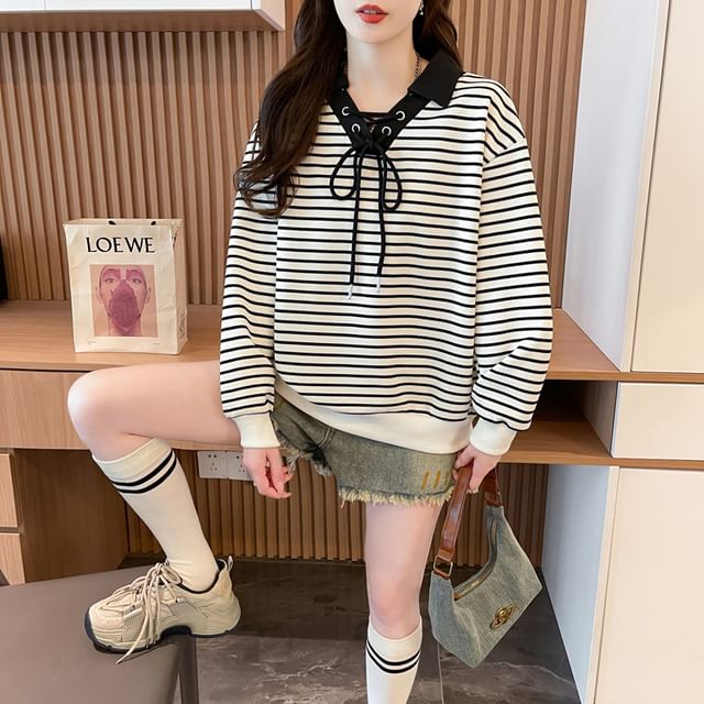 Contrast Collar Striped Lace-Up Sweatshirt