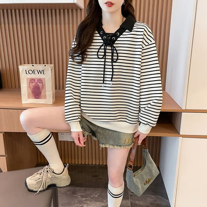 Contrast Collar Striped Lace-Up Sweatshirt
